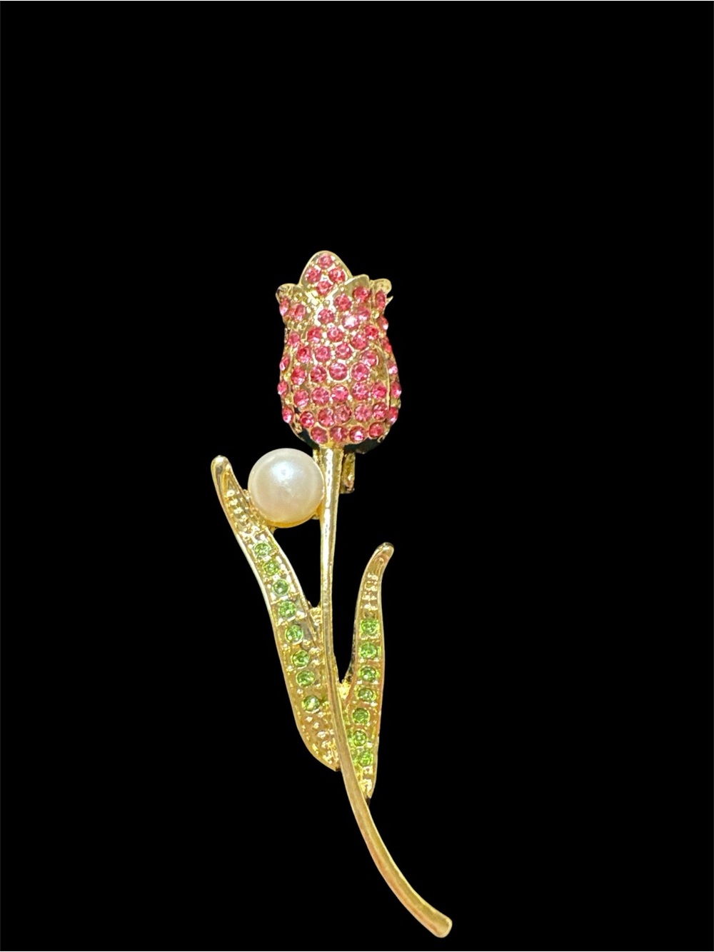 Gold-Tone Pink Tulip Brooch/ Pendant with Green Accents and Real Pearl